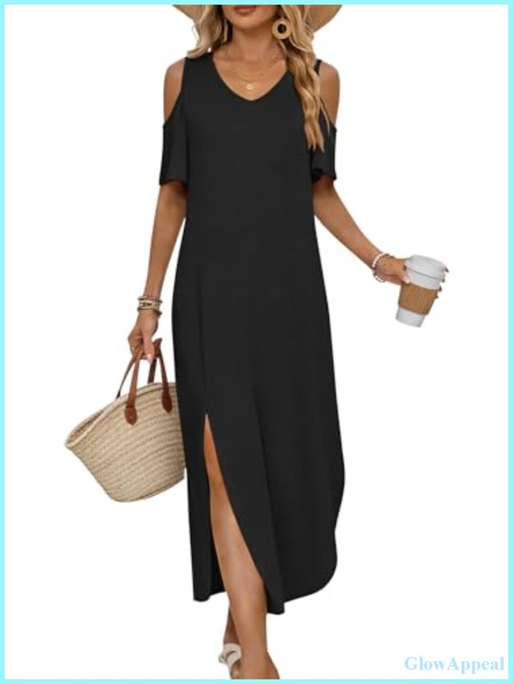 Cold Shoulder Maxi Dress with Pockets - Short Sleeve V Neck Side Slit Beach